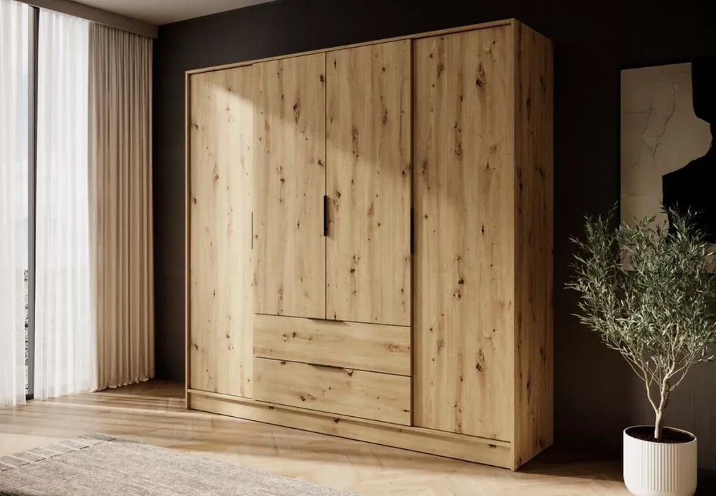 Szafa czterodrzwiowa uchylna Tetrix 206cm szuflady półki drążek