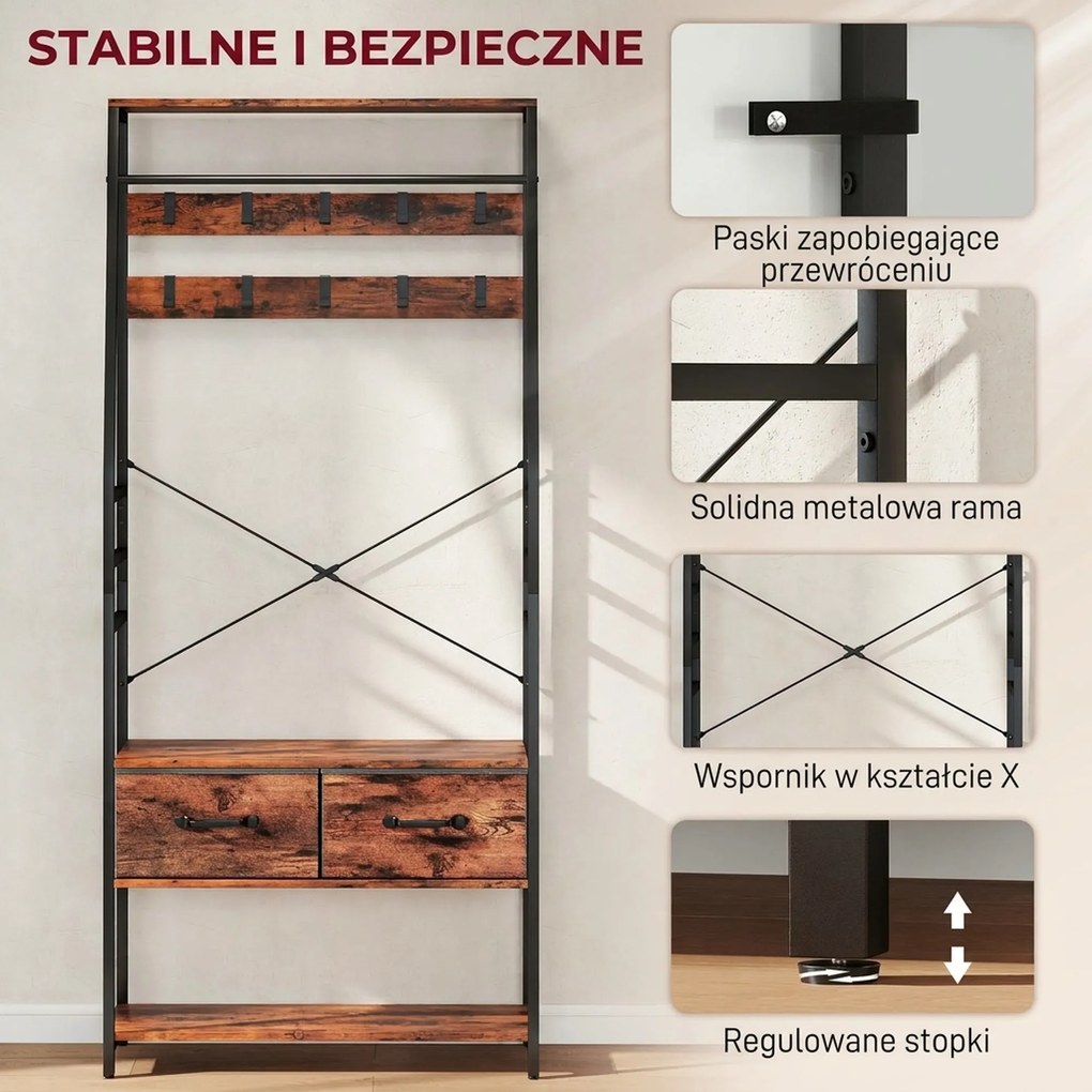 HOMCOM Garderoba z półką na buty, stojak na płaszcze z siedziskiem, 10 haczyków, 2 materiałowe szuflady, drążek, płyta wiórowa, metal, brązowy