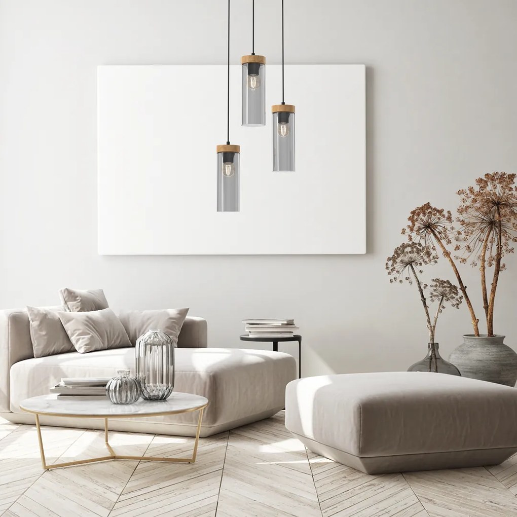 Lampa wisząca ELICA 3xE27, potrójna, szklana, drewno, na kole
