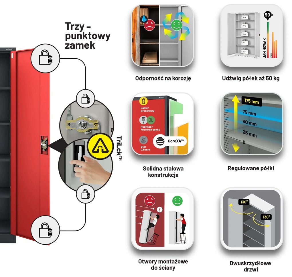Biurowa szafa metalowa na akta JAN, 900 x 1850 x 400 mm, antracytowo-czerwona