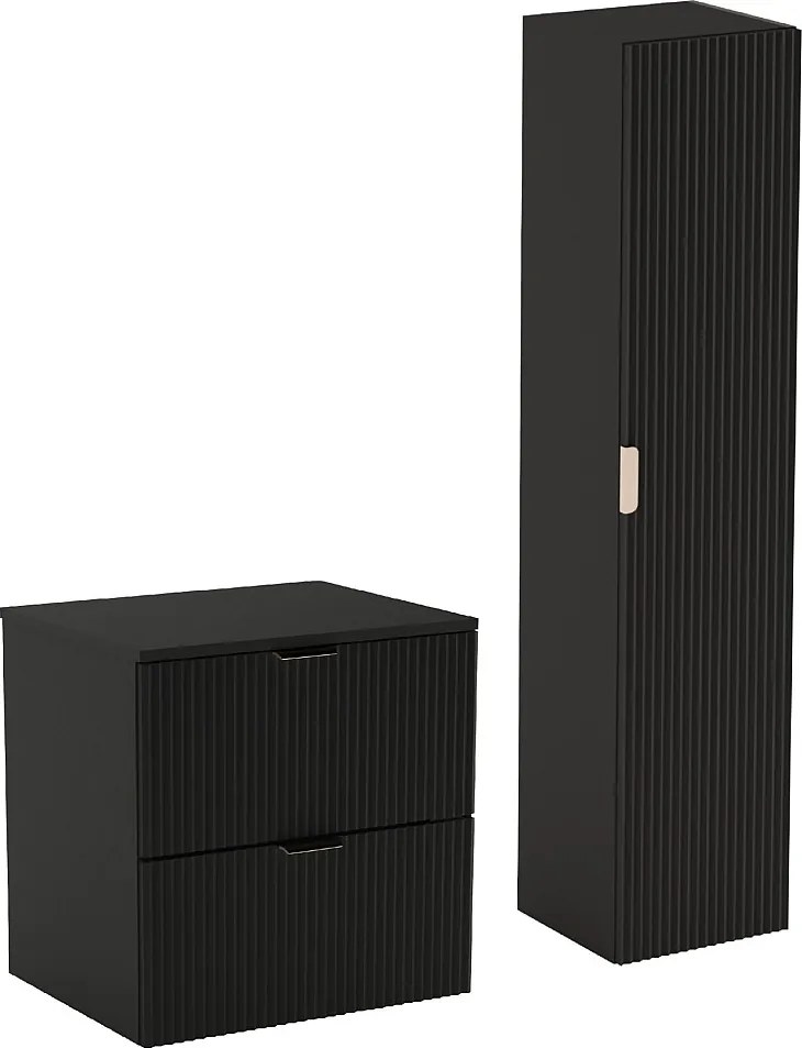 Czarny Zestaw Łazienkowy 60cm Szafka Blat Słupek Ryflowane Fronty