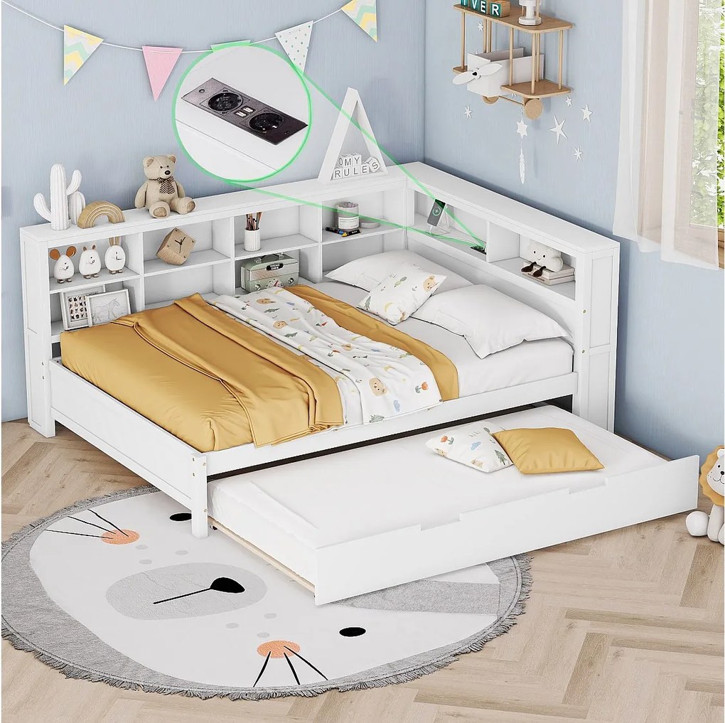 Łóżko wysuwane 140 x 200 cm + 90 x 190 cm z portem USB i regałem na książki - Drewno lite - Białe (bez materaca)