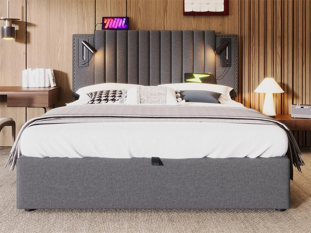 Łóżko z pojemnikiem 180x200cm z tkaniny bawełnianej - z lampkami do czytania i portami ładowania USB - z stelażem na listwach - Szare