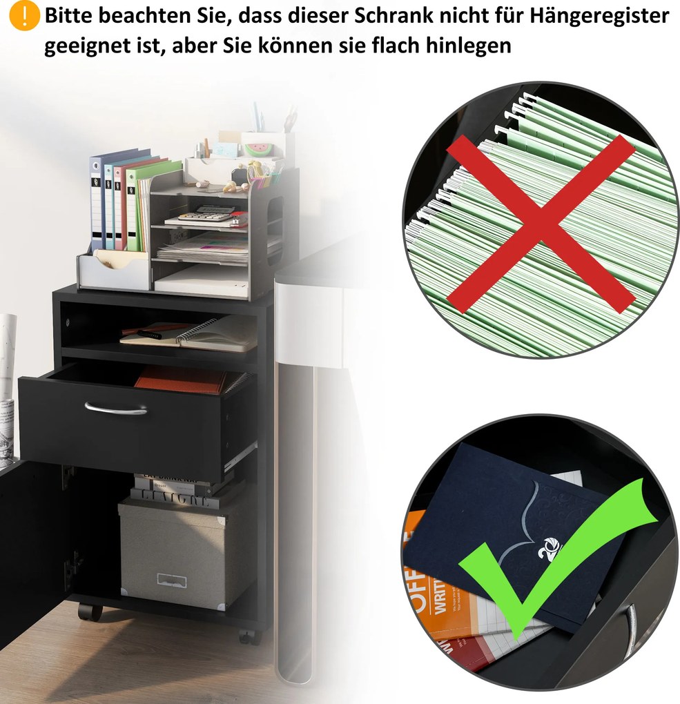 HOMCOM Kontener na kółkach z szufladami, 1 półka, 1 szuflada, 40 cm x 35 cm x 60 cm, Czarny