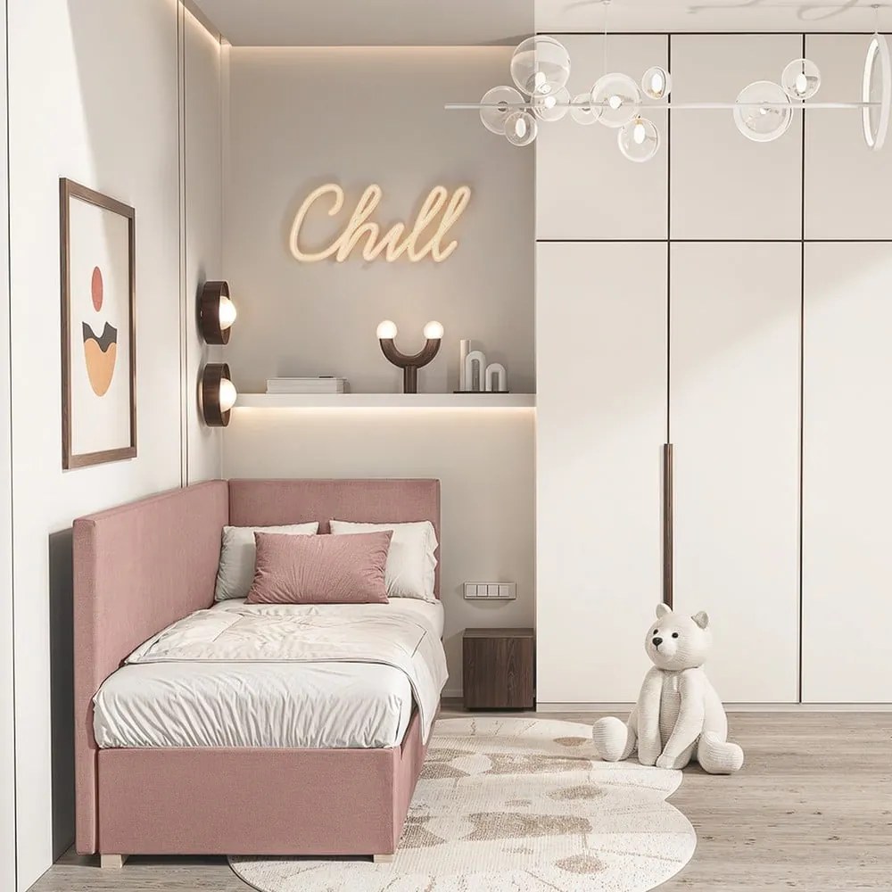 Różowe narożne łóżko dziecięce ze schowkiem i materacem 90x200 cm Flexi – Ghado