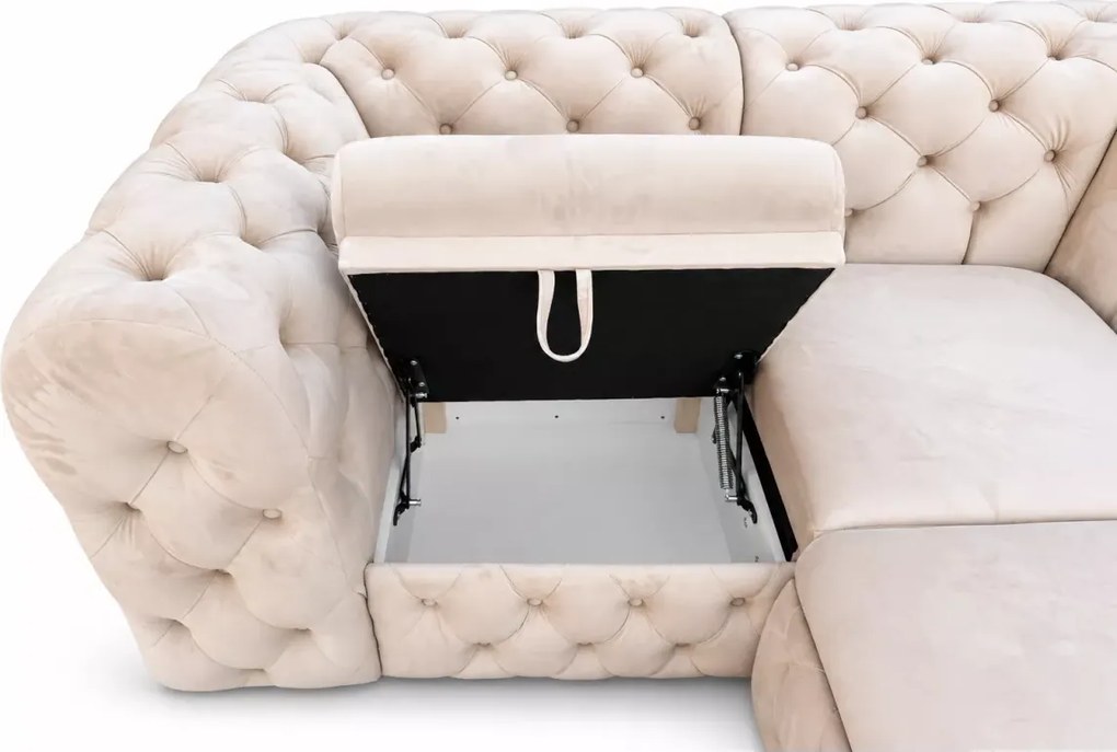 Narożnik Chesterfield Moet U z funkcją spania duży pikowany do salonu