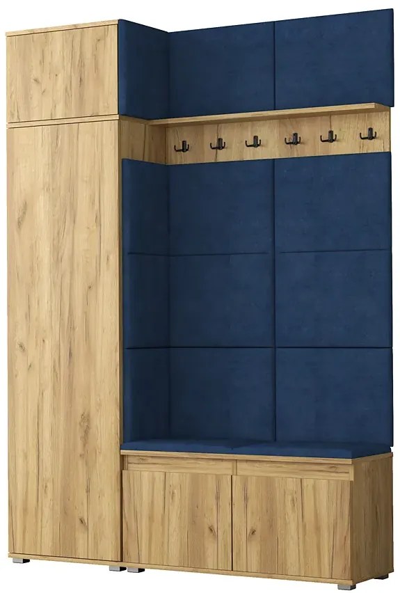 Szafa z siedziskiem tapicerowanym dąb craft + granat K6-M38