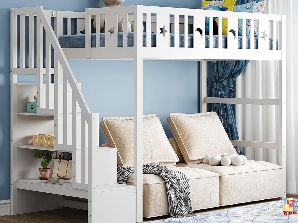 Łóżko piętrowe dziecięce 90x200cm - Z drabinką - Z barierkami bezpieczeństwa - Z komorą do przechowywania - Białe (materac nie wliczony)
