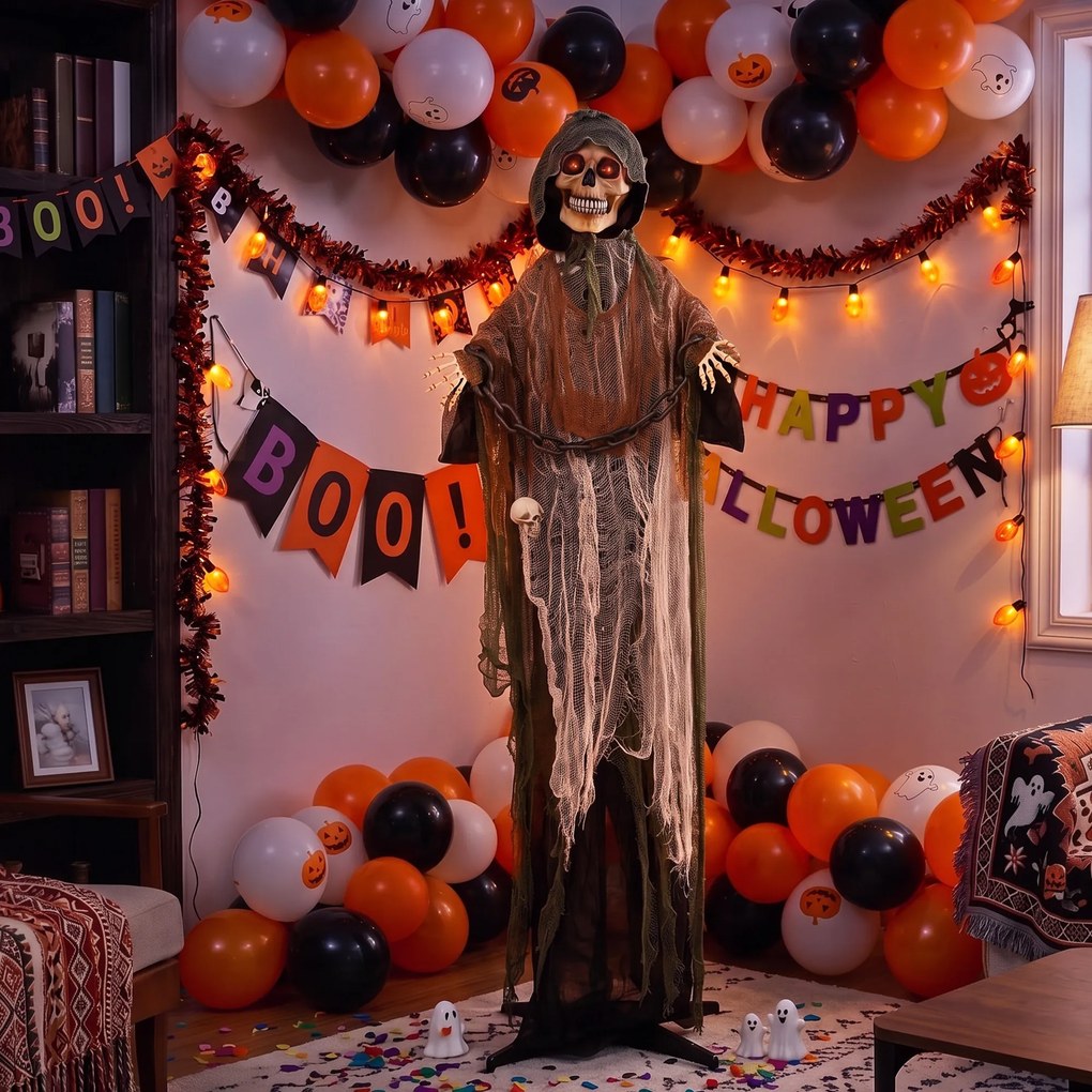 HOMCOM Animowany Żniwiarz, 170 cm, animatronika halloweenowa w skali naturalnej z ruchomymi dłońmi/głową, świecącymi oczami i przerażającym dźwiękiem | Aosom PL