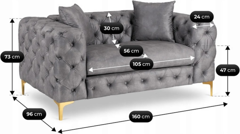Sofa SORRENTO 2S Dwuosobowa Szara Welurowa Nowoczesna Glamour