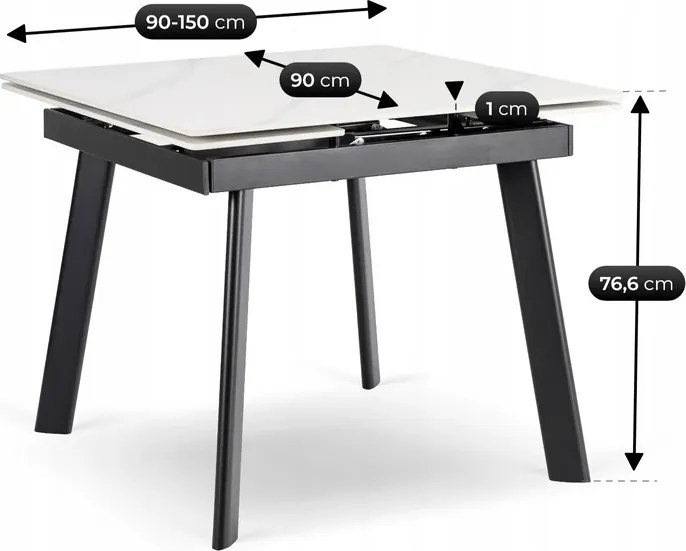 Stół Rozkładany Kwadratowy LARES 90-150 cm Ceramiczny Biały Marmur/Czarny Nowoczesny