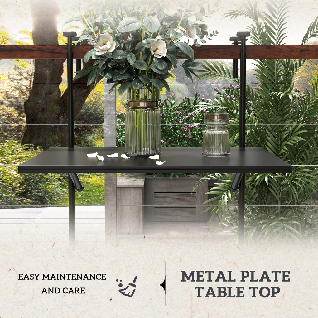 Outsunny Stolik balkonowy, dla balustrad o grubości 6-15 cm, regulowany, składany, odporny na rdzę, metal, 62x60x85,5 cm, czarny | Aosom PL