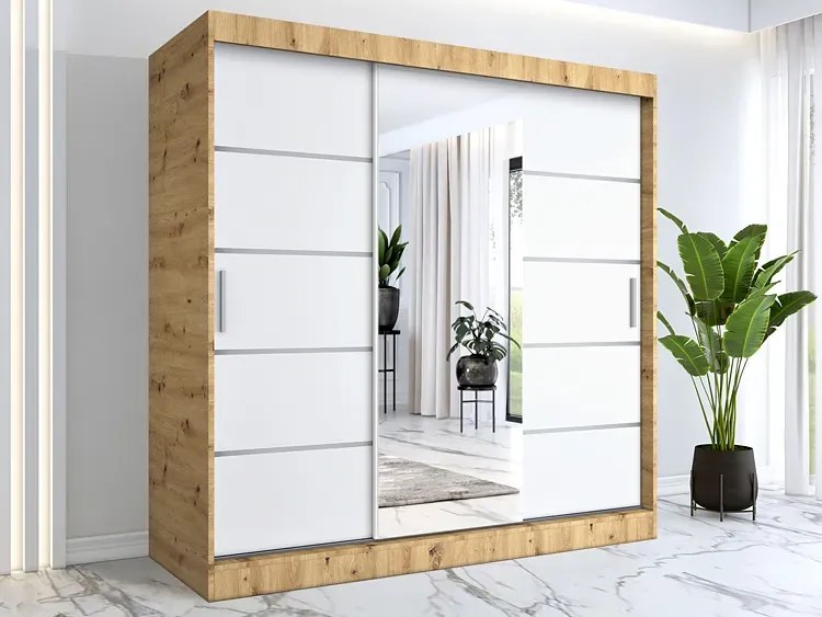 Szafa Przesuwna Biały 200 Cm Dąb Artisan + K3-R96