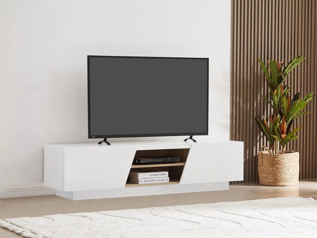 Szafka RTV z 2 szafkami, 2 wnękami i oświetleniem LED z MDF - Biały - MANIOLO