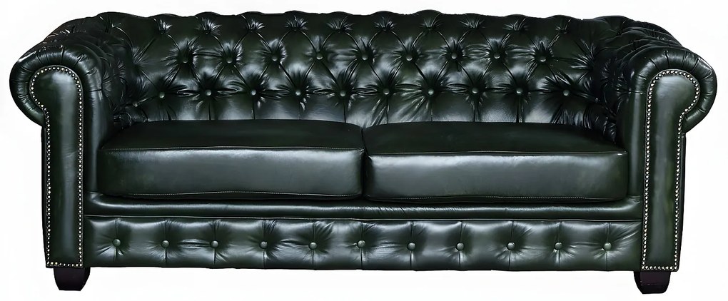 Kanapa 3-osobowa Chesterfield BRENTON 100% skóry bawolej - Kolor: zieleń cesarska