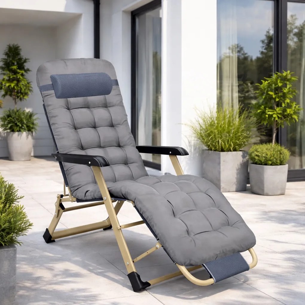 Leżak ogrodowy rozkładany Tossa, poduszka szara, stelaż złoty