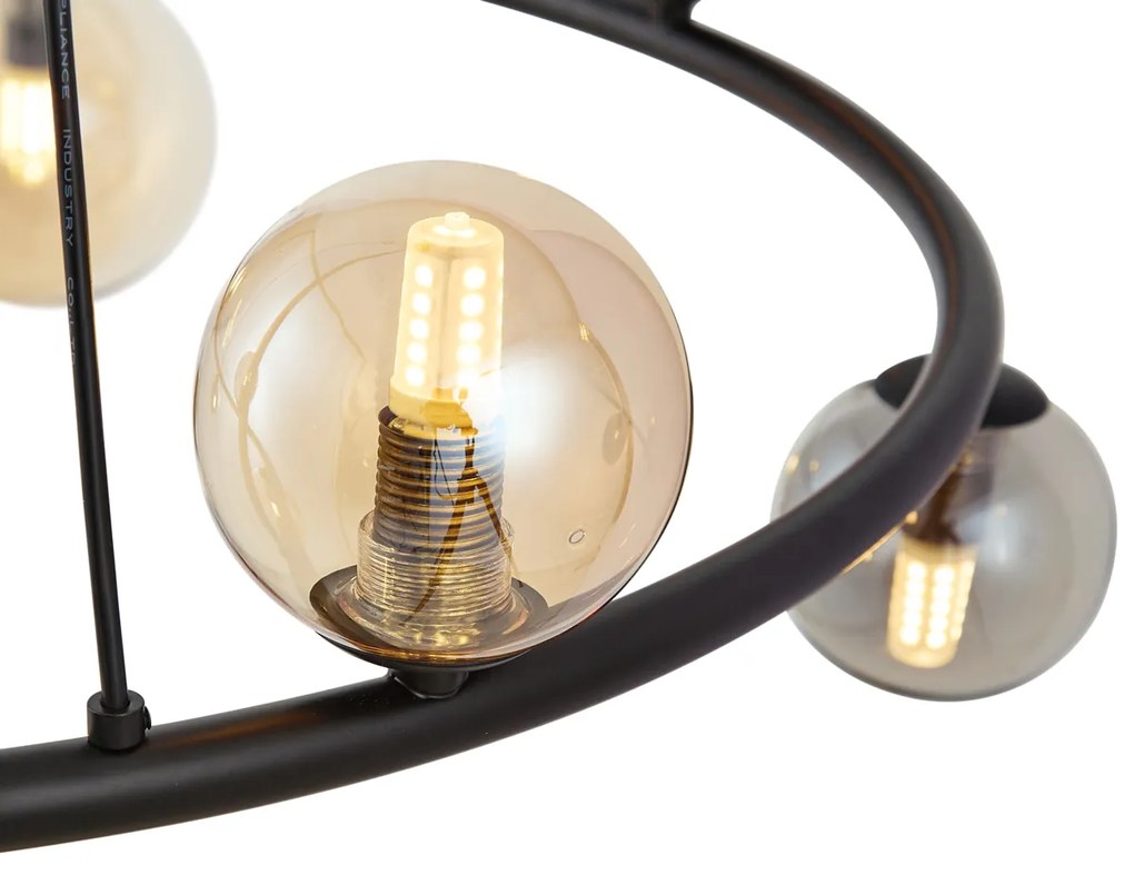 Lampa wisząca czarna z dymionym i bursztynowym szkłem okrągła 8-punktowa - Monaco