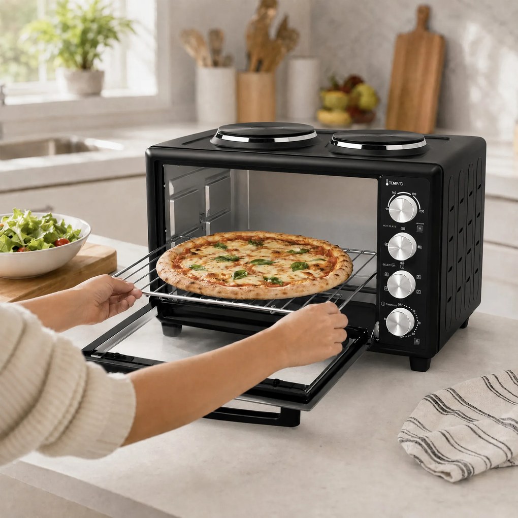 HOMCOM 36 l mini piekarnik z 2 płytami grzewczymi, elektryczny piekarnik stołowy z termoobiegiem, 90–230 °C | Aosom PL