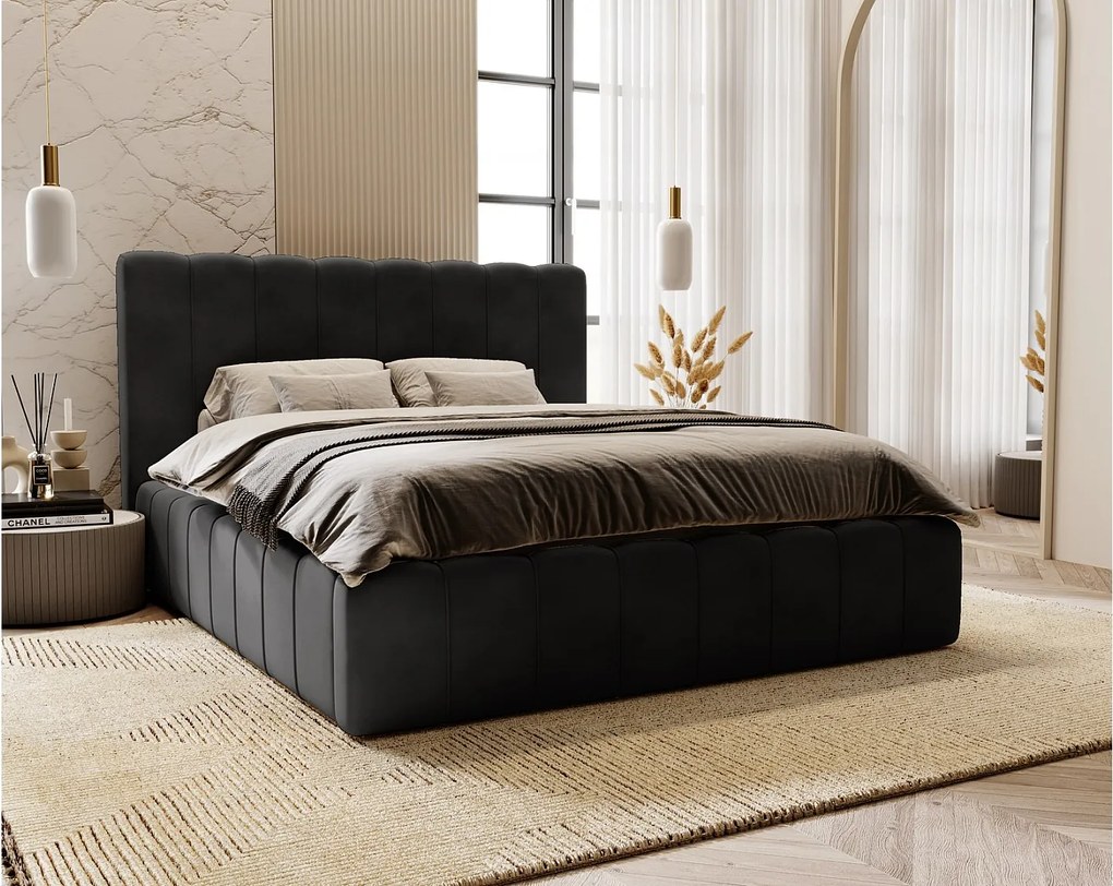 Emporius Lisbon łóżko dwuosobowe z pojemnikiem - łóżko tapicerowane 200x200 cm - nowoczesny styl, wysoka jakość - aksamit, czarny (Magic Velvet 2219)