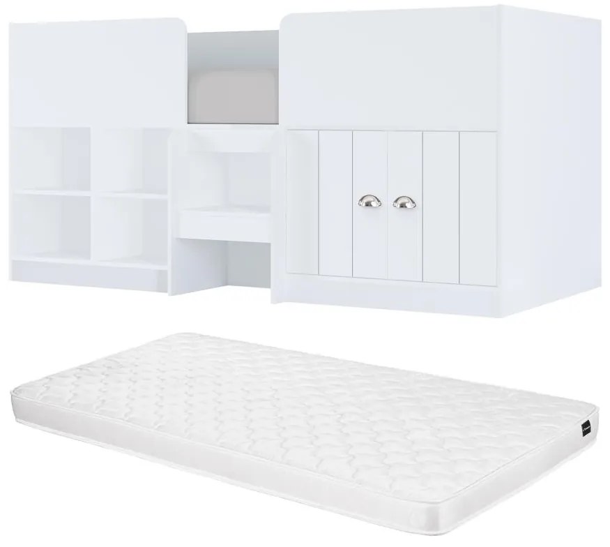 Łóżko podwyższone 90 x 190 cm ze schowkami - Biały + Materac - BOUTANIO