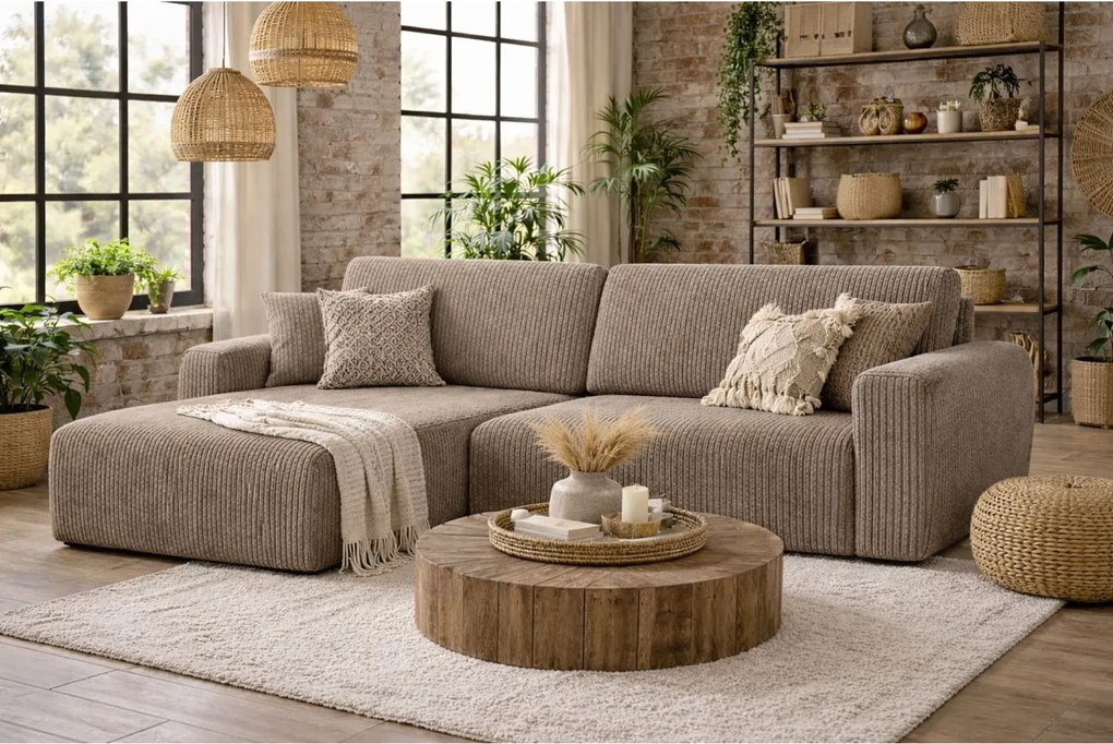 Narożnik z funkcją spania i pojemnikiem Ariel L, tkanina sztruksowa Poso, Ciemnobeżowy, Lewy