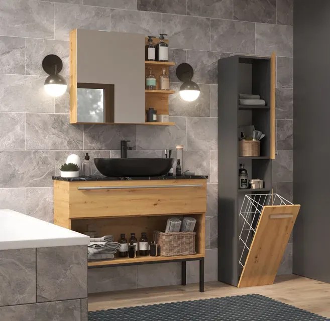 Industrialny słupek z koszem do łazienki dąb artisan antracyt - zestaw 5X