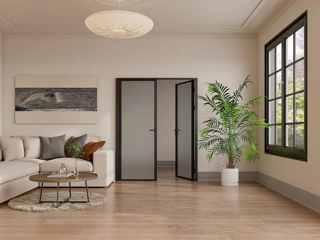 Drzwi kompletne 2-skrzydłowe dwustronne z aluminium i matowego szkła hartowanego - 2 x wys. 204 x szer. 83 cm - Czarny - LOXTON