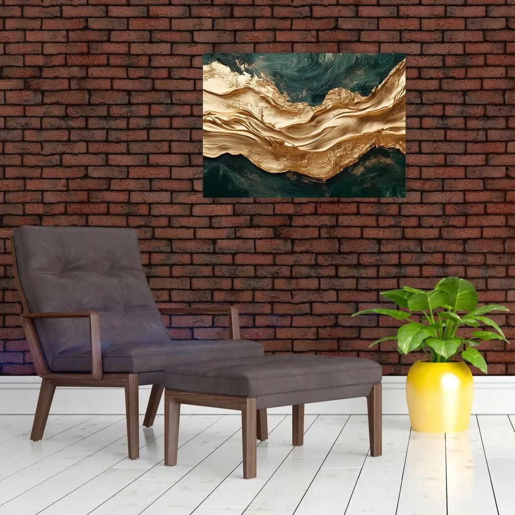 Obraz na szkle - Zielona abstrakcja ze złotem II. (70x50 cm)