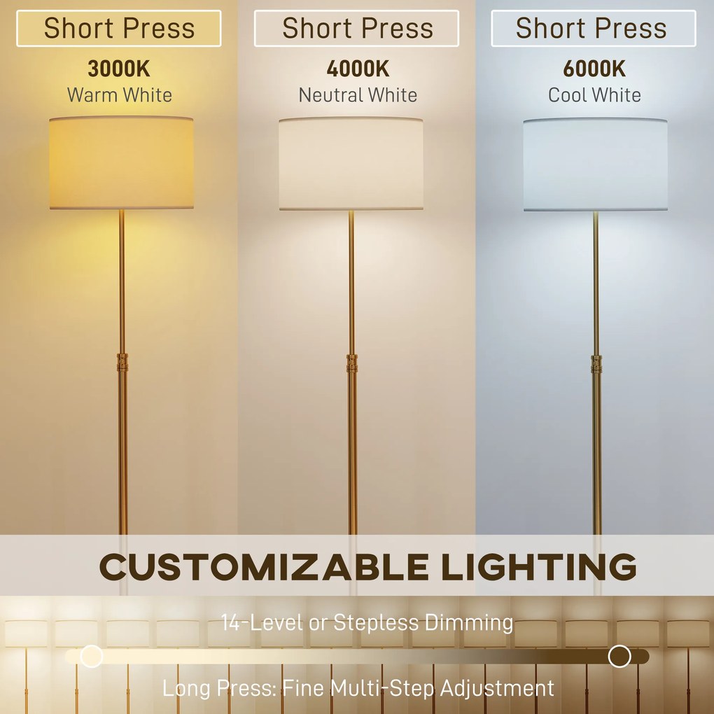 HOMCOM Lampa stojąca z pilotem regulowana wysokość abażur materiałowy metalowa podstawa złoty kolor | Aosom PL