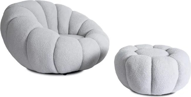 Fotel Wypoczynkowy Obrotowy PETTIT Szary z Pufą w Tkaninie Teddy Boucle