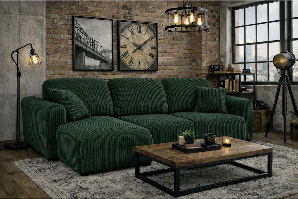 Narożnik w kształcie L z funkcją spania i pojemnikiem Bingo L, tkanina sztruksowa Poso, Zielony, Lewy