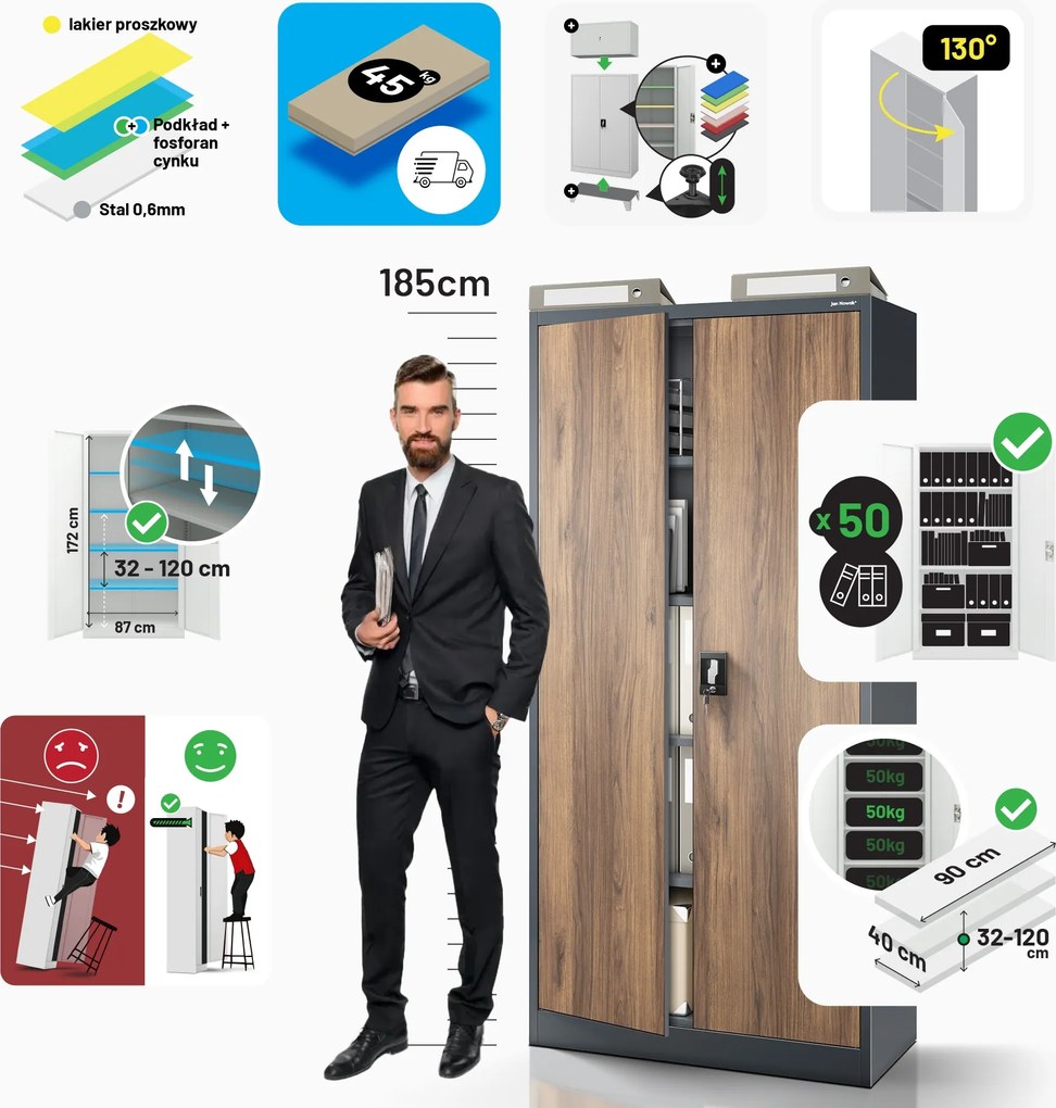 Szafa biurowa na dokumenty antracytowa/ orzech: Eco Design JAN, 900 x 1850 x 400 mm