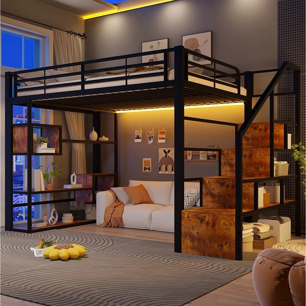 Łóżko piętrowe 140 x 200 cm ze schodkami do przechowywania, otwarte półki pod łóżkiem – Metal i płyta MDF – LED – Czarne (Materac nie jest wliczony w cenę)
