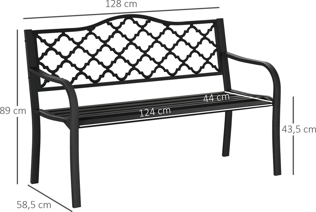 Outsunny Metalowa Ławka Ogrodowa 2-osobowa Czarna Stylowa z Oparciem i Podłokietnikami 128x585x89cm | Aosom PL