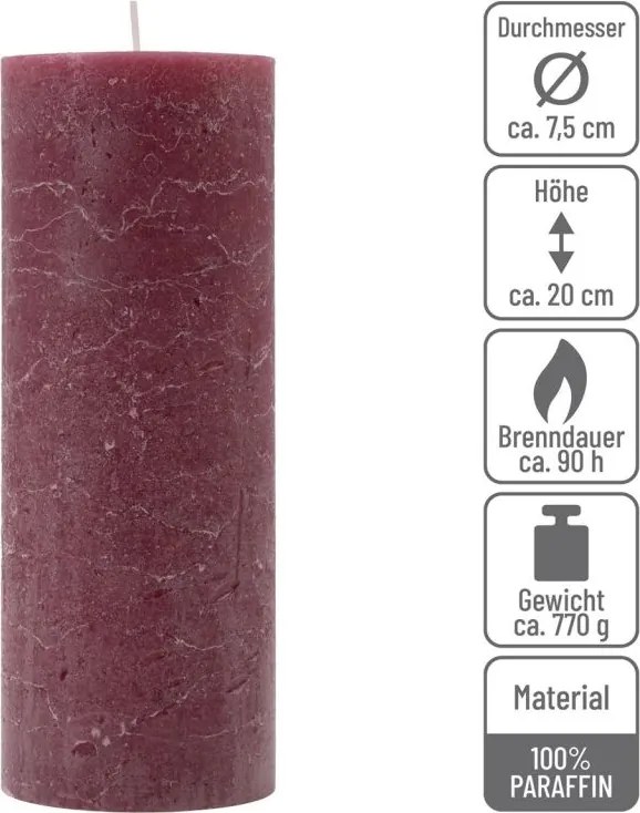 Zestaw świec rustykalnych, 20 cm, Ø 7,5 cm, bordowy, 6 szt.