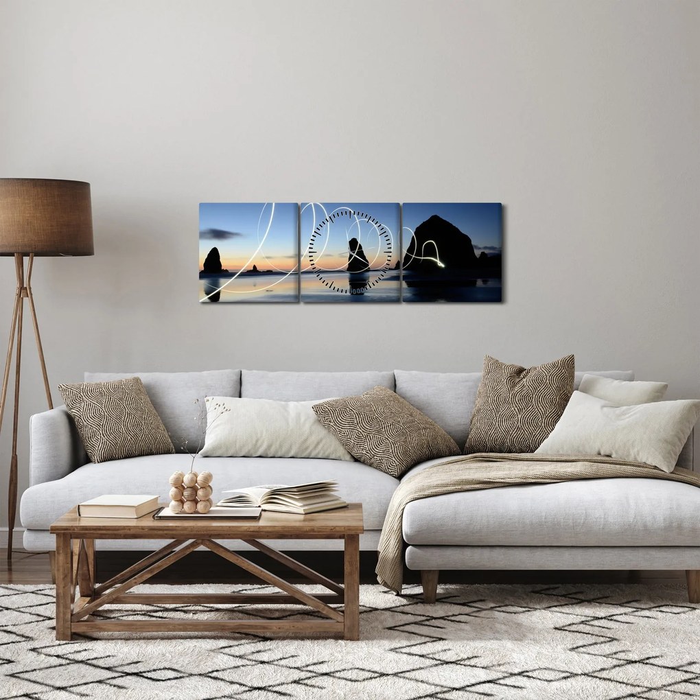 Obraz - plaża o zachodzie słońca (z zegarem) (90x30 cm)