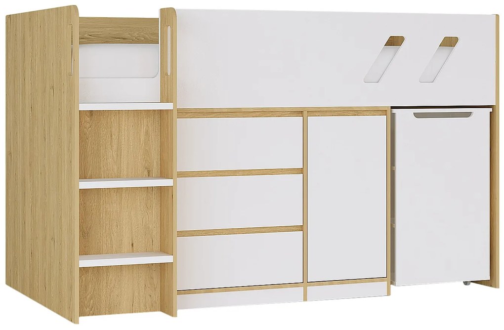 Łóżko piętrowe 90 x 190 cm z biurkiem i schowkami - Naturalny i biały - SAGITI