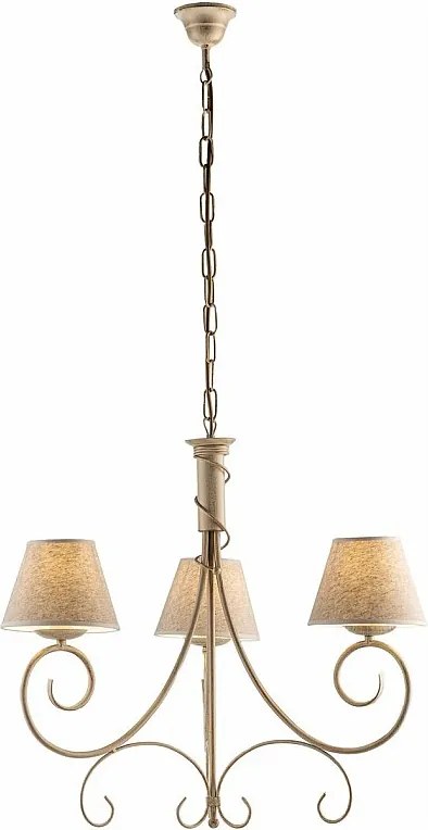Żyrandol Wiedeń z lakierowanego żelaza w kolorze kości słoniowej, dekor stare złoto, klosze PVC z efektem juty Ø13 cm, 3 światła, Ø52 cm