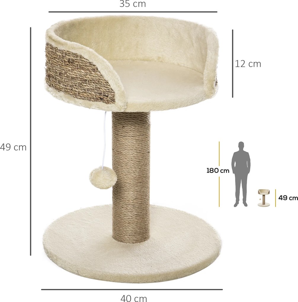 PawHut Drapak dla Kota z Łóżkiem i Koszykiem, w zestawie Zabawkowa Kula, 40 cm x 40 cm x 49 cm, Naturalny + Kremowy