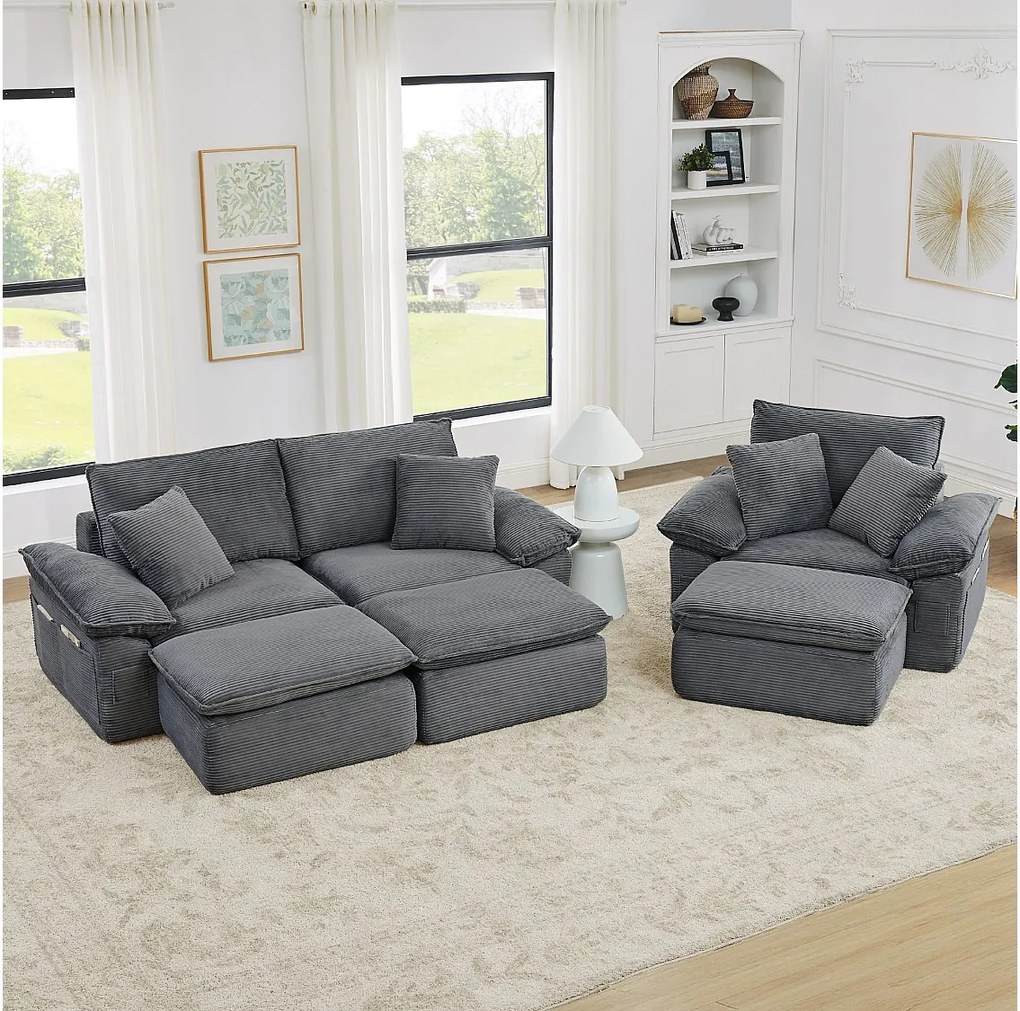 3-osobowa sofa modułowa z podnóżkiem i kieszeniami do przechowywania, z tkaniny, jasnoszara