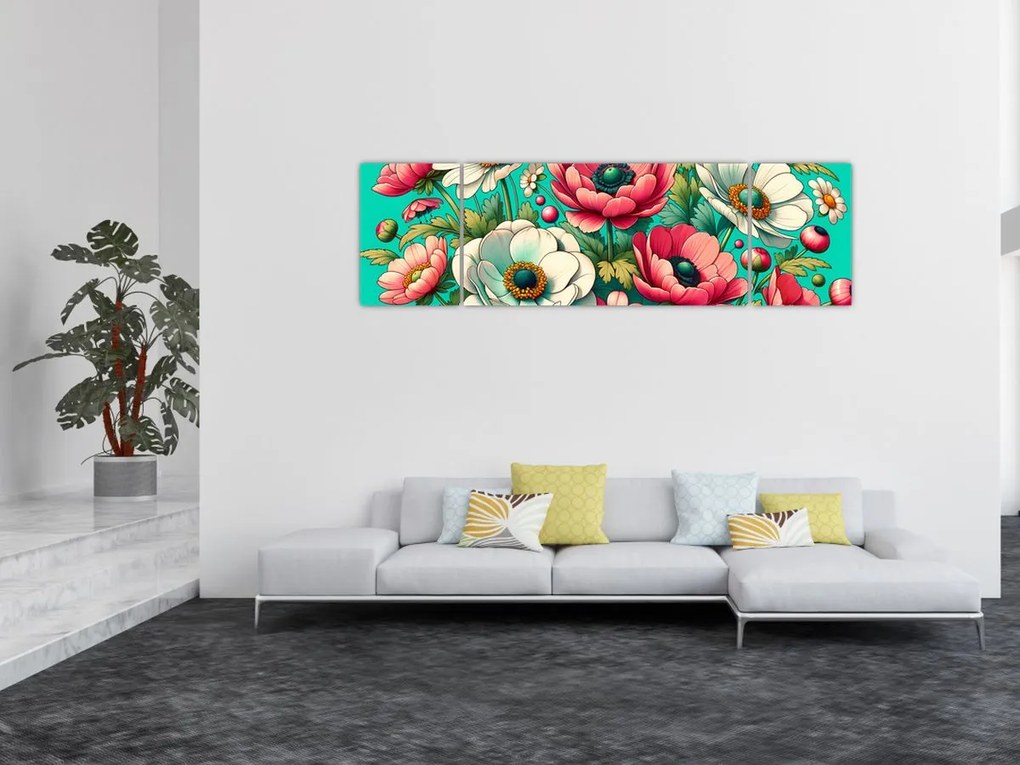 Obraz - Kwiaty na niebieskim tle (170x50 cm)