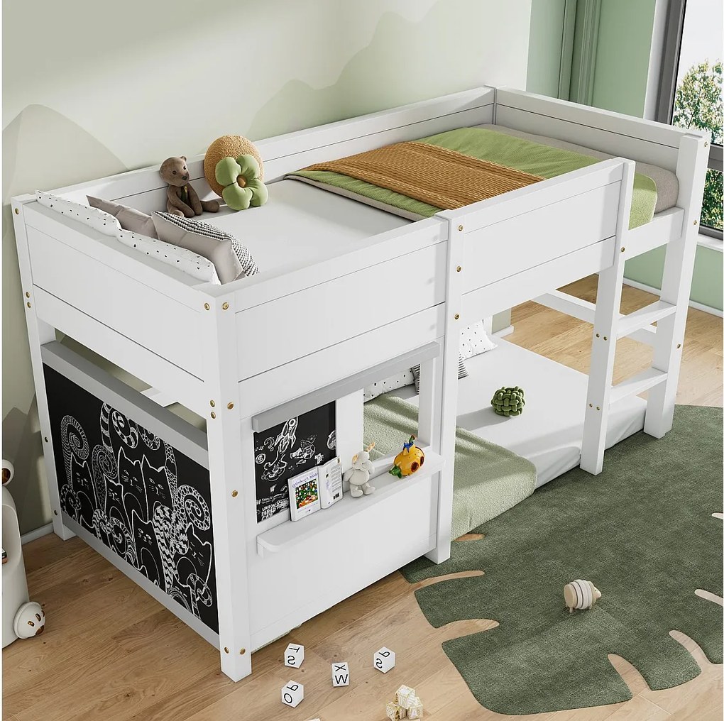 Łóżko piętrowe dwuosobowe - 2 x 90 x 200 cm - z małą półką + stelaż - drewno - białe