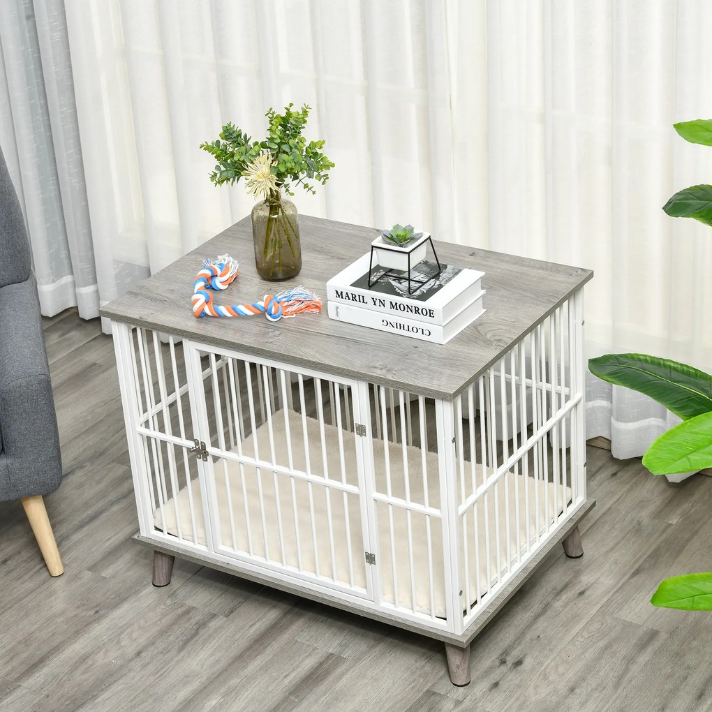 PawHut Drewniana klatka dla psa Biało-szara 86x60x70cm Elegancka i bezpieczna | Aosom PL