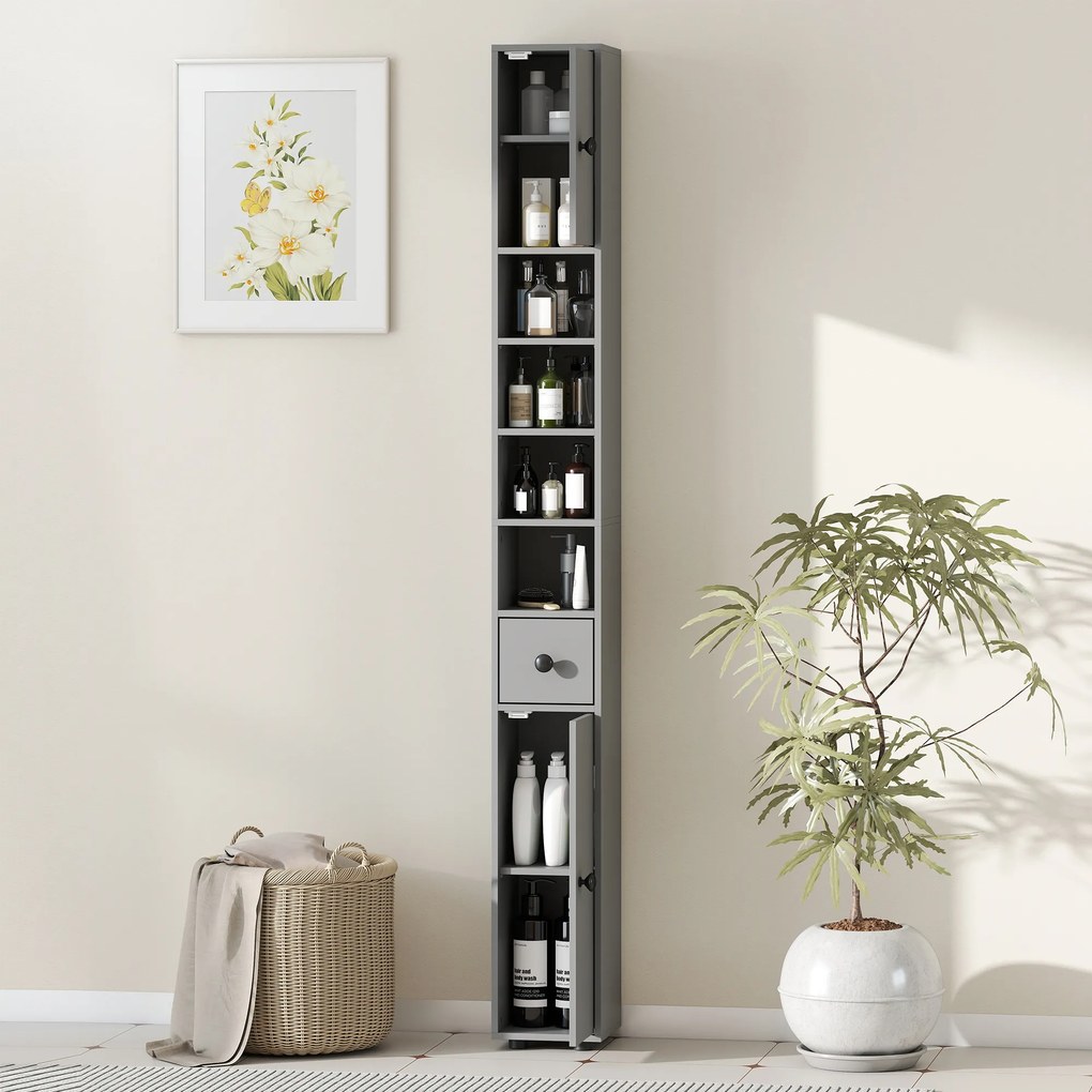 kleankin Szafka łazienkowa, 4 półki, szuflada, płyta wiórowa, smukły design, szara | Aosom PL