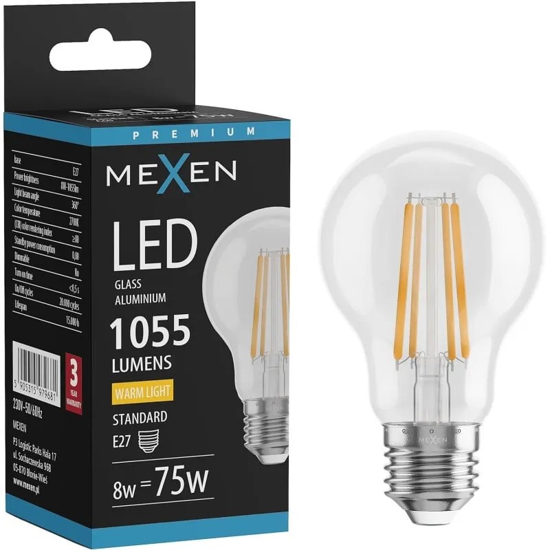 Mexen Vintis żarówka filament LED E27, A60, 8W, Ciepła - 2700K, 1055 lm, clear - L150-E27-0827-00