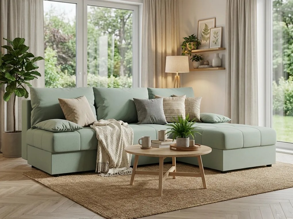 PROMOCJA Rozkładana dwustronna sofa narożna do L VENORIA SLIM 200x143 cm, jasna zieleń + 2 poduszki GRATIS II. jakość