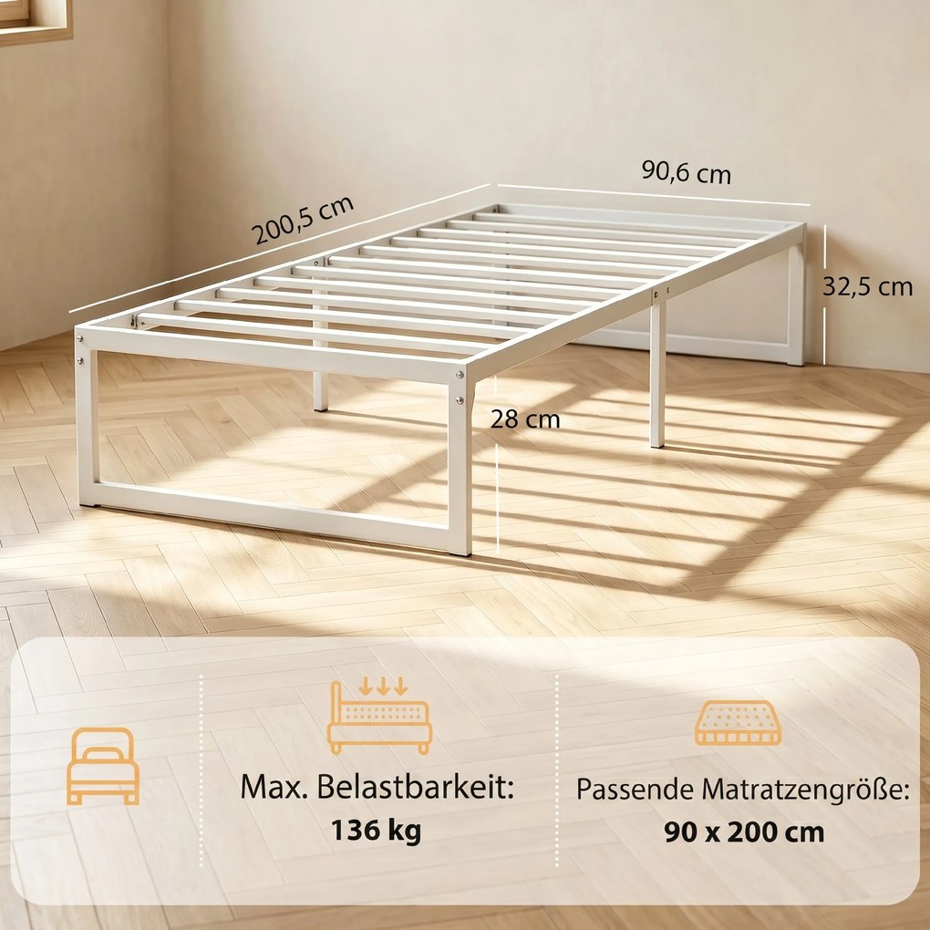 HOMCOM Rama łóżka z miejscem do przechowywania i stalowym stelażem, wys. 32,5 cm, cicha, 200 x 90 cm, Biały | Aosom PL