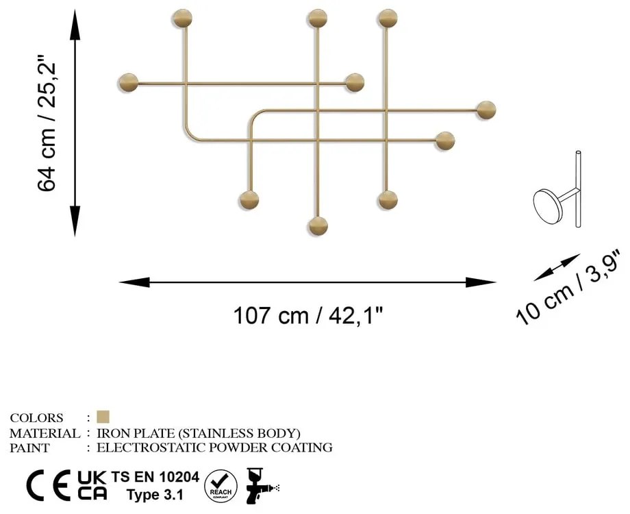 Metalowy wieszak ścienny w kolorze złota Dama – Kalune Design