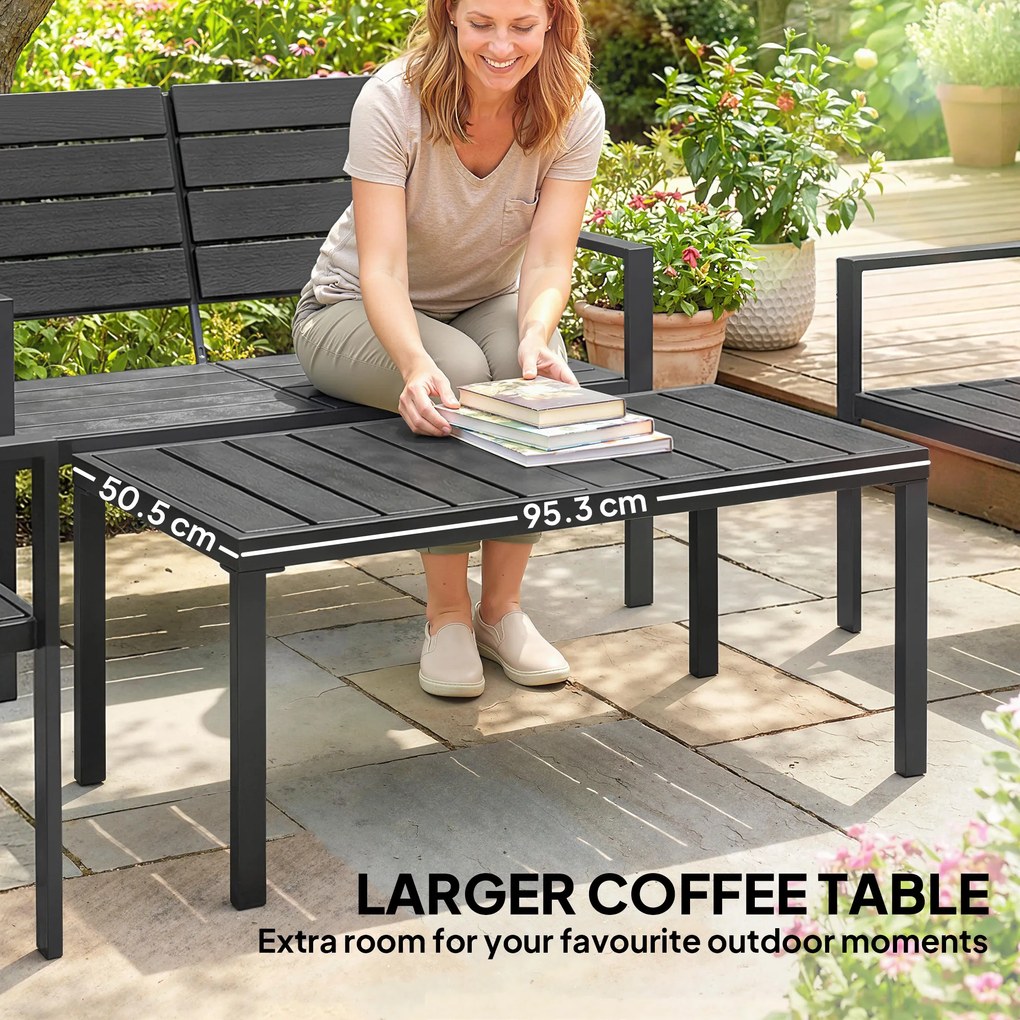 Outsunny Zestaw Mebli Ogrodowych dla 4 Osób Sofa Dwuosobowa 2 Fotele Stolik Kawowy Design z Listwami Czarny | Aosom PL
