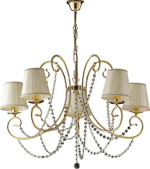 Żyrandol Magda 5-punktowy z żelaza w kolorze złotym z abażurami 115 Ø72 BL146-5-OR-PAR